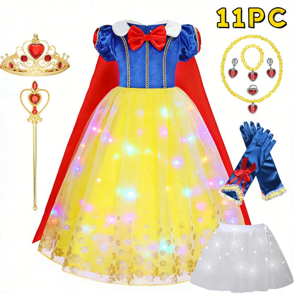 Popular Movie LED Princess Dress, White Snow Dress, With Cape And Headpiece For Halloween Carnival Birthday Party Cosplay