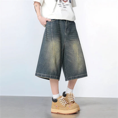 Vintage Washed Gradient Denim Mid-Rise Shorts with Streetwear Loose Wide Leg Fit for Summer Breathability