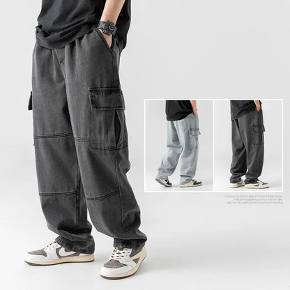 Korean men clothing Japanese style three-dimensional pocket jeans spring new retro vintage washed water workwear men's pants