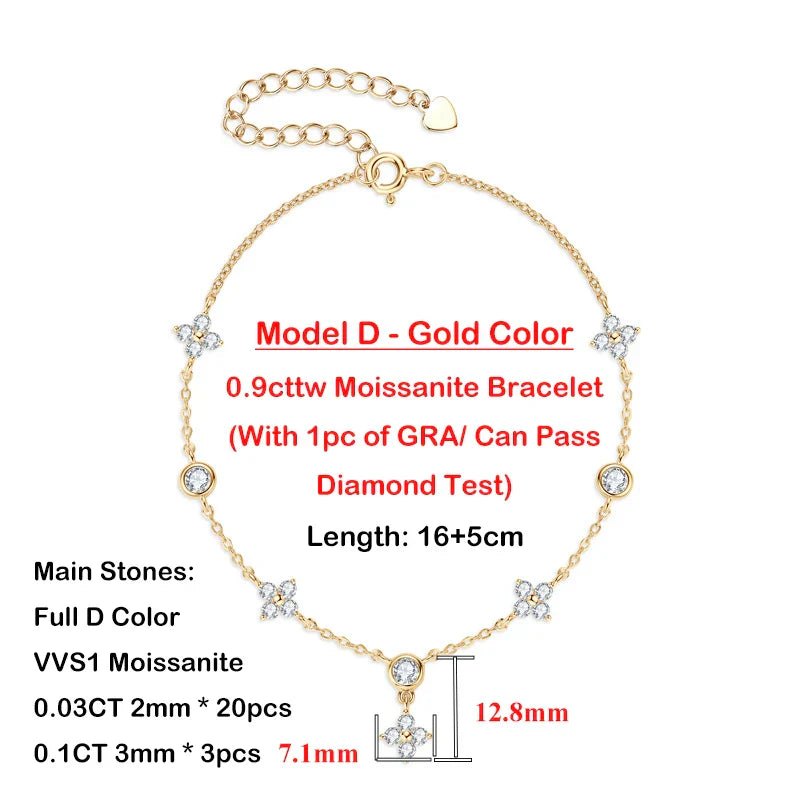 Clover GRA Certified 2cttw D Color Moissanite Bracelet for Women Girl 925 Silver Pass Diamond Test Hand Link Bracelets Gift