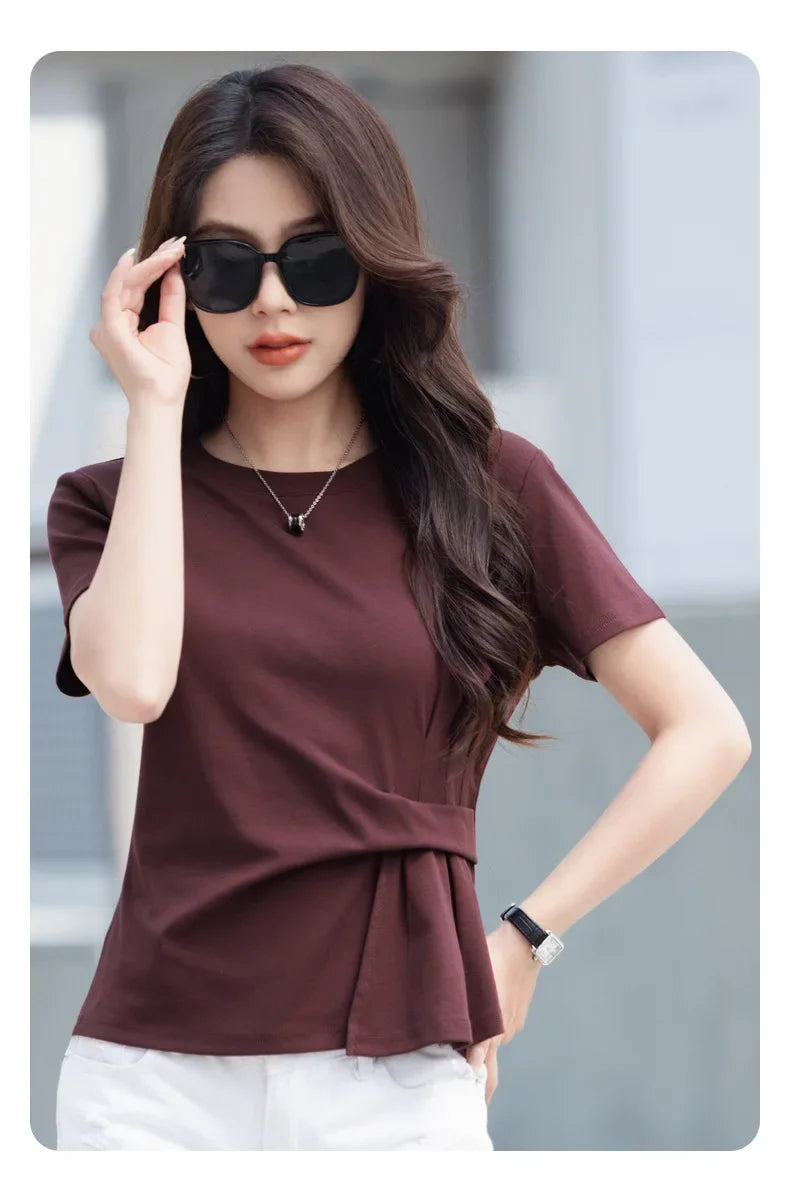 Women's summer new cotton irregular top short sleeved round neck casual women's short sleeved top T-shirt