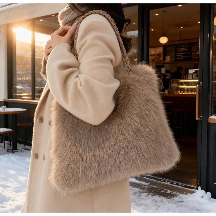 Fashion Women Furry Shoulder Bag Large Capacity Tote Handle Bag for Autumn Winter Outing Commuter Texture Versatile Storage Bags