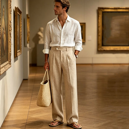 Men's Linen Beige Pants Straight Leg Trousers High Waist Pleated Lightweight Breathable Cool Summer Casual For Beach Vacation