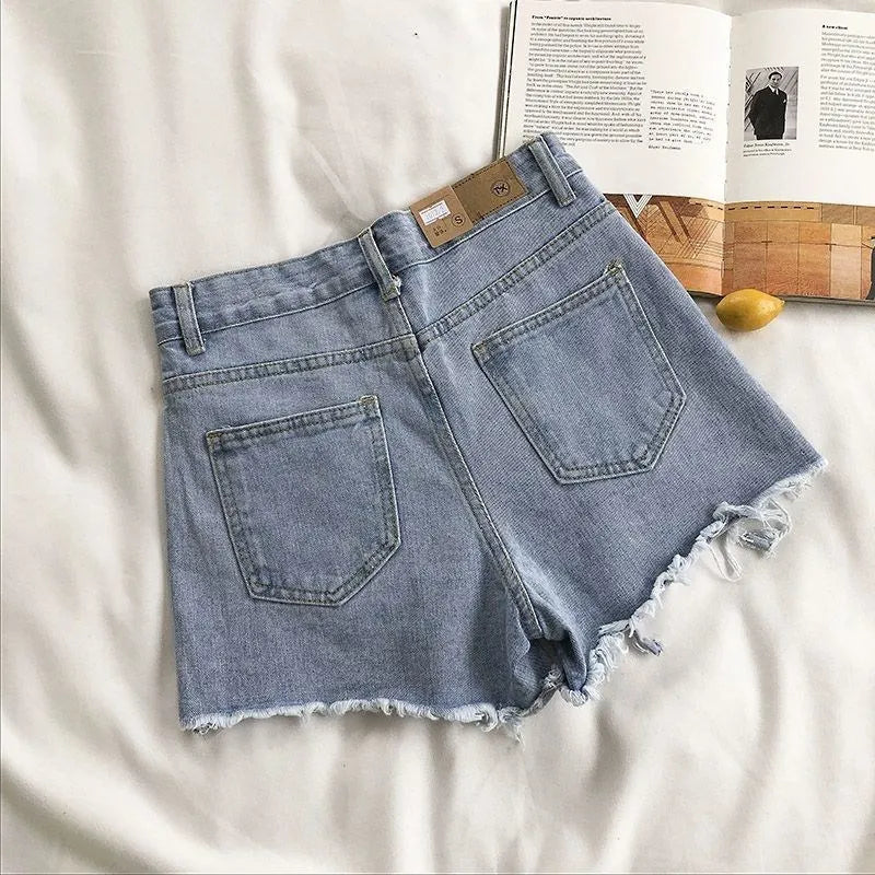 Korean Fashion Cowboy Shorts Women's Summer Casual High Waist Blue Denim Shorts Pocket Tassel Perforated Pants Y2K Female Jeans