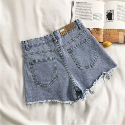 Korean Fashion Cowboy Shorts Women's Summer Casual High Waist Blue Denim Shorts Pocket Tassel Perforated Pants Y2K Female Jeans