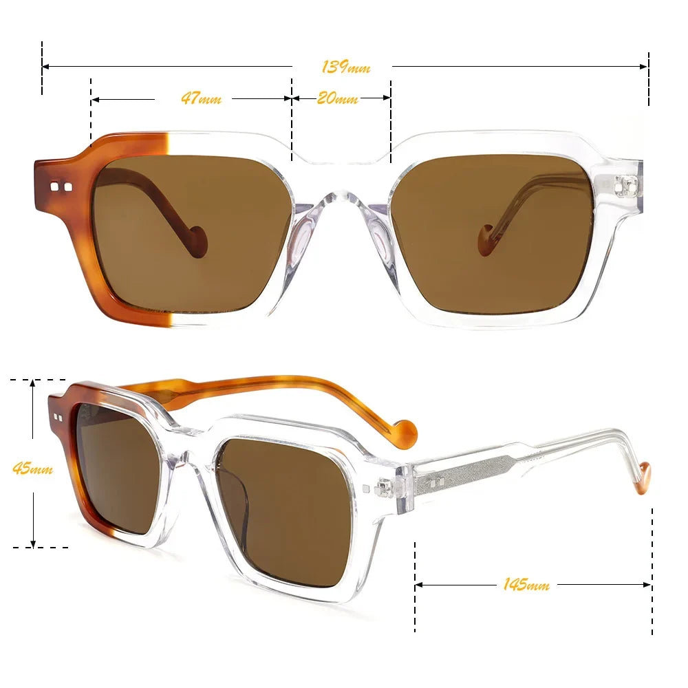 Square Frame Retro Sunglasses Asymmetric Two Tone UV400 for Women Men Polarized Outdoor Lightweight Secure Fit