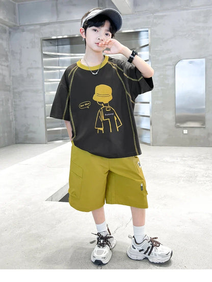 Teenage Summer Tracksuit for Boy with Shorts Tshirt 2 Piece Top and Bottom Clothes Set Kids Child Casual Cotton Outfit Suit Wear