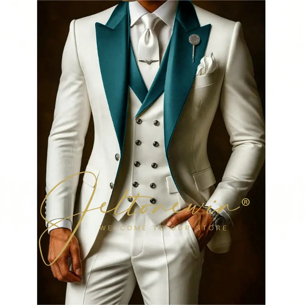 White Suits Set For Men Wedding Party Fashion Blazer Vest Pants Formal Groomsmen Tailor-made Male High Quality Groom Tuxedos