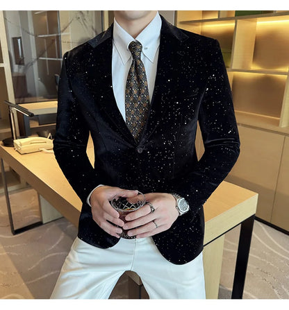 High Quality Velvet Bronzing Suit Coats Mens Sparkle Elegant Slim Business Suits Jacket Homme Formal Social Prom Party Tuxedos