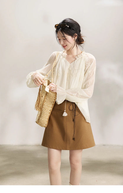 Women's Tassel Tie Flower Embroidered Blouse 2026 Spring V-Neck Lantern Sleeves Top Casual Loose Sheer Blouses MXF13X2525
