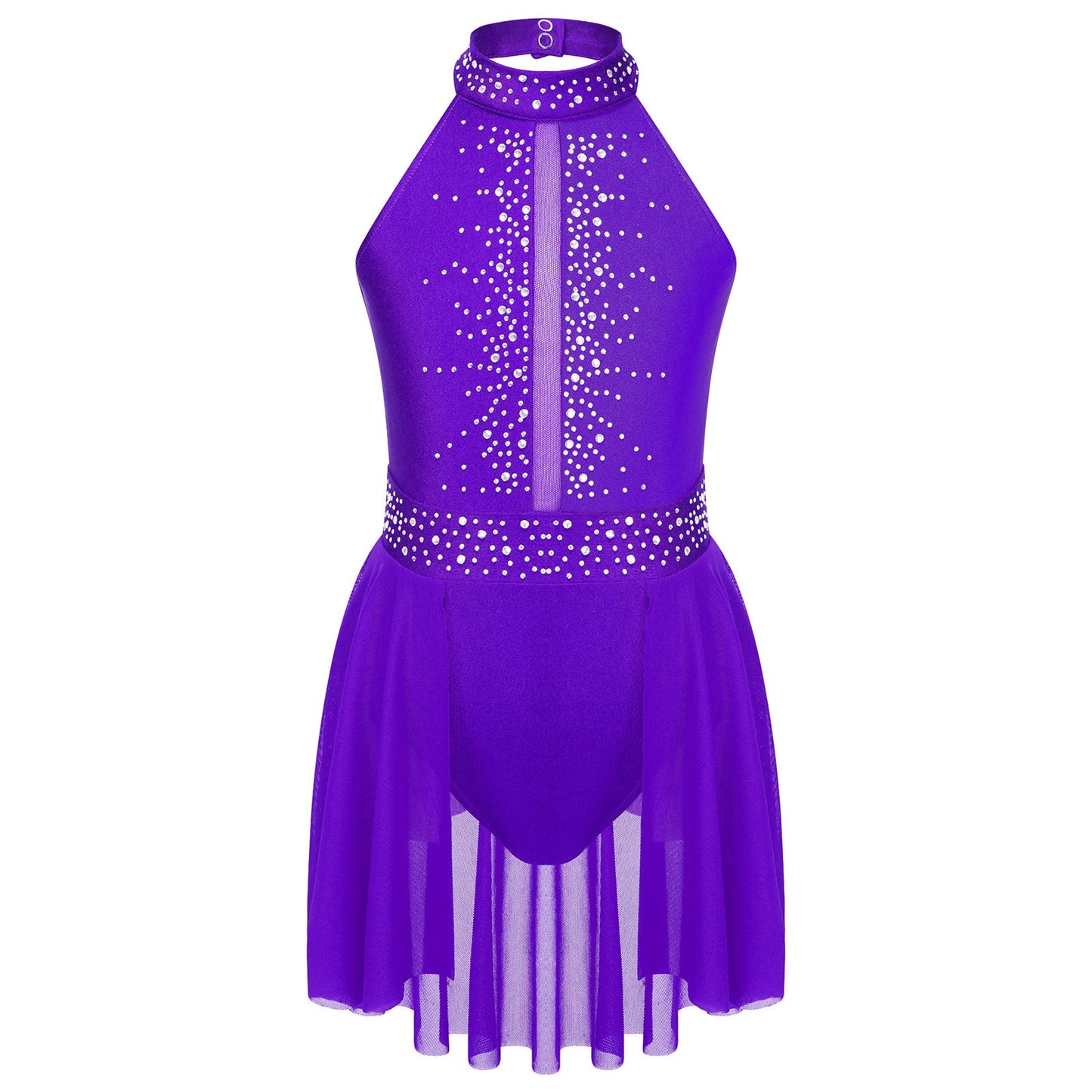 Kids Girls Gymnastics Figure Skating Ballet Lyrical Dance Costume Dress Side Split Sheer Mesh Ruched Glittery Rhinestones Dress
