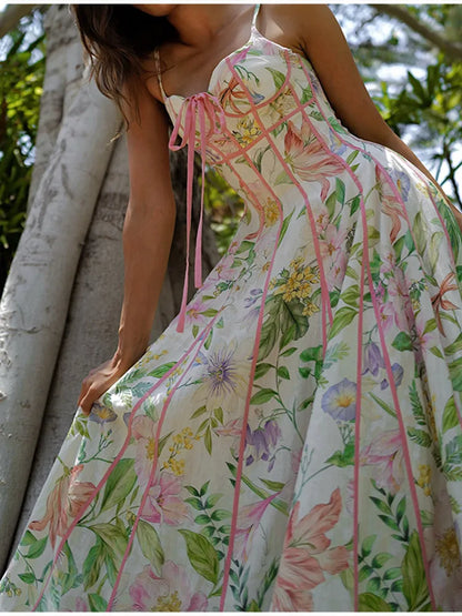 Women's Retro Floral Print Corset Maxi Dress Sexy Sleeveless Halter Neck Flowy Long Dress Lady Summer Vacation Dating Streetwear