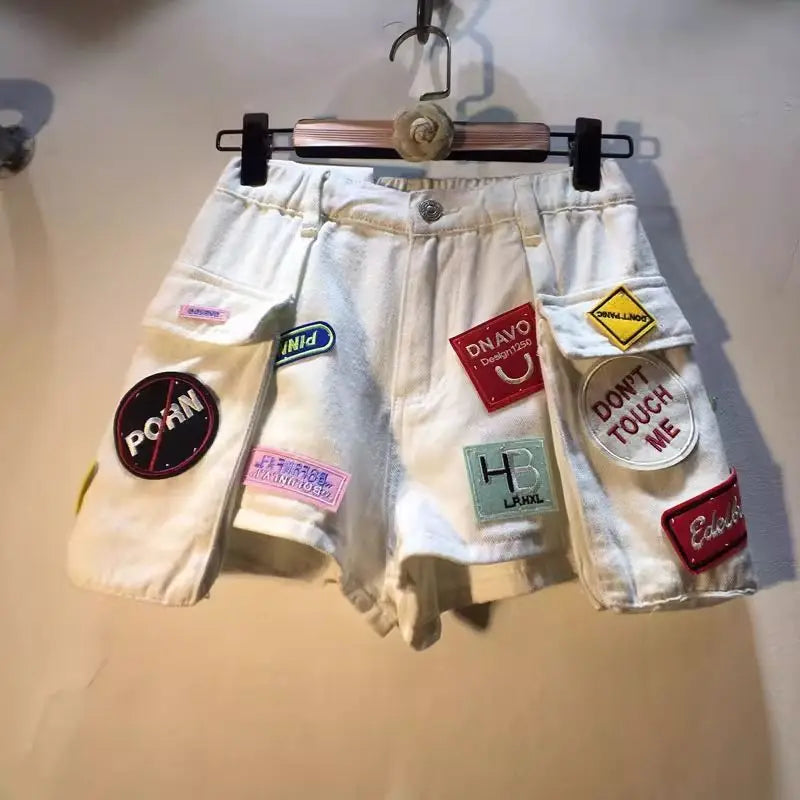 2026 Summer New Embroidery Letter High Waist Cargo Pocket Denim Shorts Women
