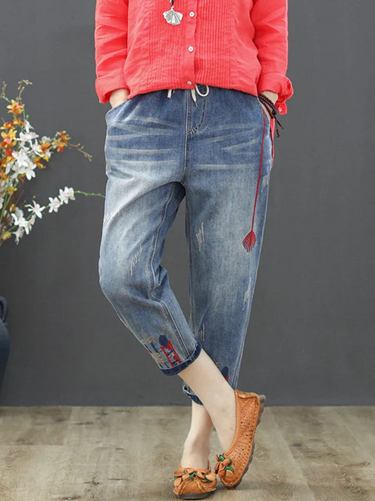 Fashion Summer Ladies Ripped Loose Jeans Womens Leisure Embroidery Denim Trousers Vintage Females Elastic Harem Pants