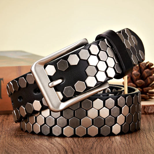 3.8cm Width Men Rivet Studded Belt Punk With Pin Buckle Belts Hip Hop Male High Quality Genuine Leather Belt Rock Strap