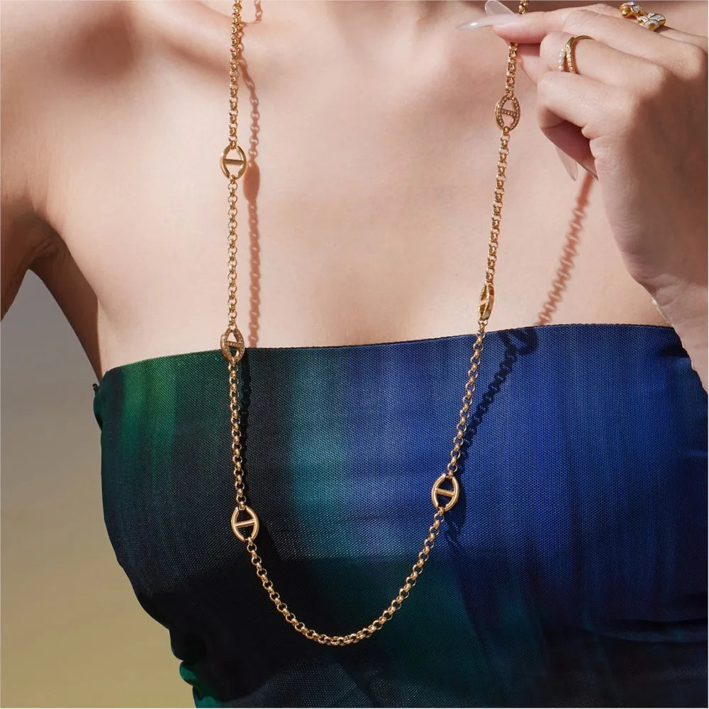 80cm Long Necklace for Women 18k Gold Plated Stainless Steel Chain Necklaces Inlaid Zircon Charm Sweater Chains Necklace