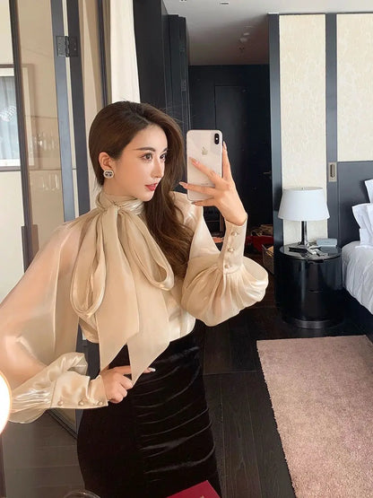 Spring Autumn Women Fashion Tops New Shirts Lantern Sleeve Stand Collar Solid Casual Vintage Elegant Temperament Long-Sleeved