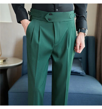 British Style Autumn New High Waist Trousers Men Belt Design Slim Fit Suit Pants Office Social Wedding Party Formal Pants Hommes