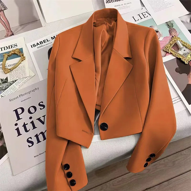 Autumn Solid Color Cropped Suit Jacket for Women Turn Down Collar Single Button Blazer Female Casual Office Lady Blazers Coat