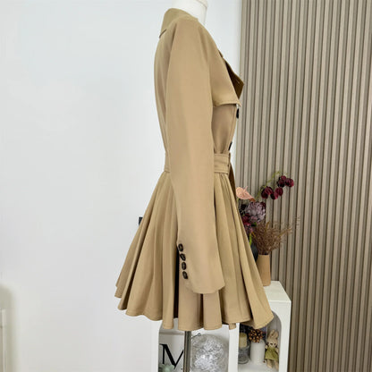 New Autumn Winter Women's Windbreaker Dress Mini Skirt Long Sleeve Empire Waistline Outerwear Female Long Coat N967