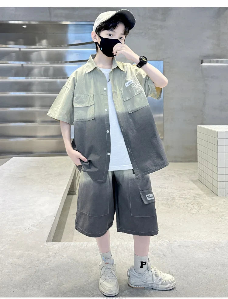 Loose Style Child Pocket Outfit Suit Cool Big Boys Summer Clothes Set Teens Kids Shirt+Shorts 2PCS Clothing Set Gradient Costume
