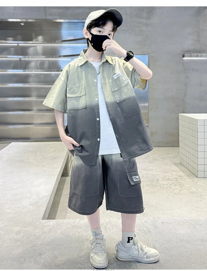 Loose Style Child Pocket Outfit Suit Cool Big Boys Summer Clothes Set Teens Kids Shirt+Shorts 2PCS Clothing Set Gradient Costume
