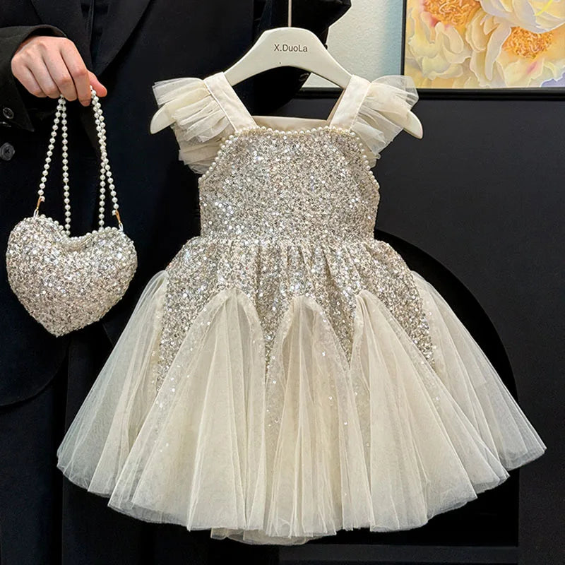 Kids Girl Clothes Sequined Flying Sleeves New Summer Party Dresses For Girls Elegant Mesh Vest Skirt Princess Dress Evening Prom