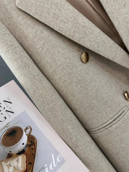 Fashion Woolen Suit Jacket Women's Vintage Blazers Double-breasted Office Coat Female Casual Outerwear Spring Autumn Streetwear