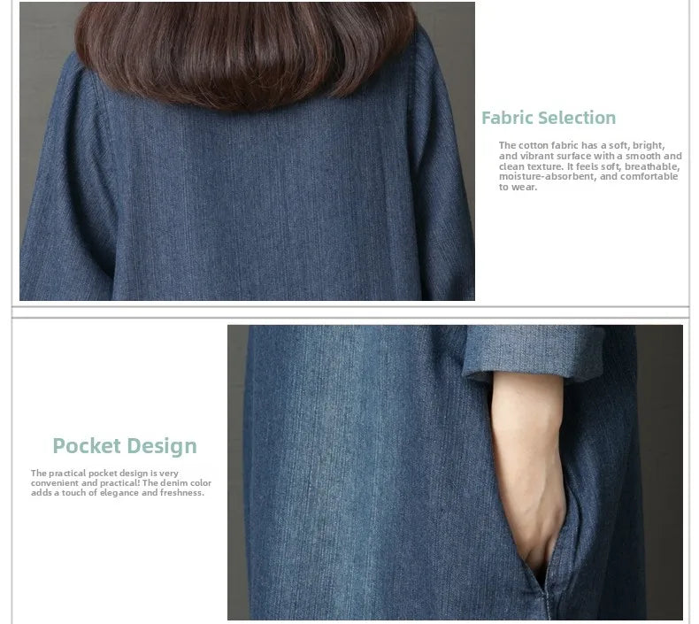 Women's Denim Dr Long Sve Loose Fit irt Sle Autumn Spring Faion plus Size Clothing Meat Concealing Slimming Skirt