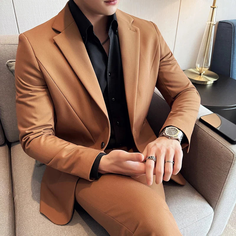 (Jacket+Pant) New Men Pure Color Business Social Wedding Party Suit Fashion Male Banquet Party Slim Fit Dress Blazer and Trouser