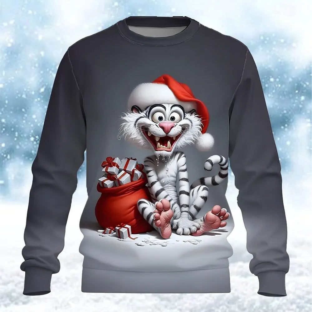 2025 Fun Santa Claus 3D Print Crewneck Sweatshirt Christmas Theme Relaxed Fit Long-Sleeve Sweatshirt Casual Party Wear