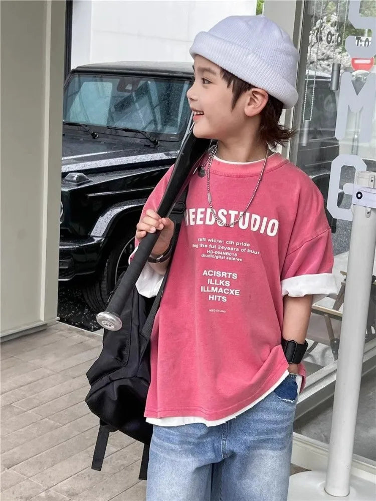 2026 New Boys' Summer 100% Cotton Streetwear Short Sleeve T Shirt Casual Half Sleeve Clothing