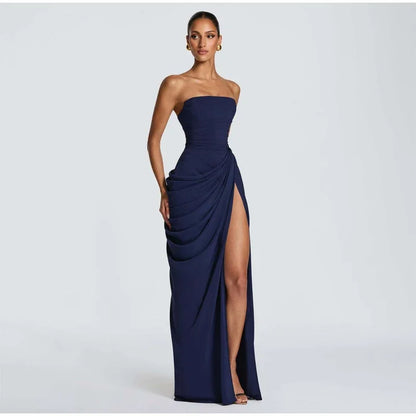 Women Strapless Pleated Long Dress Elegant Solid Split Sleeveless Backless High Waist Slim Fit Maxi Dresses 2026 Lady Party Robe