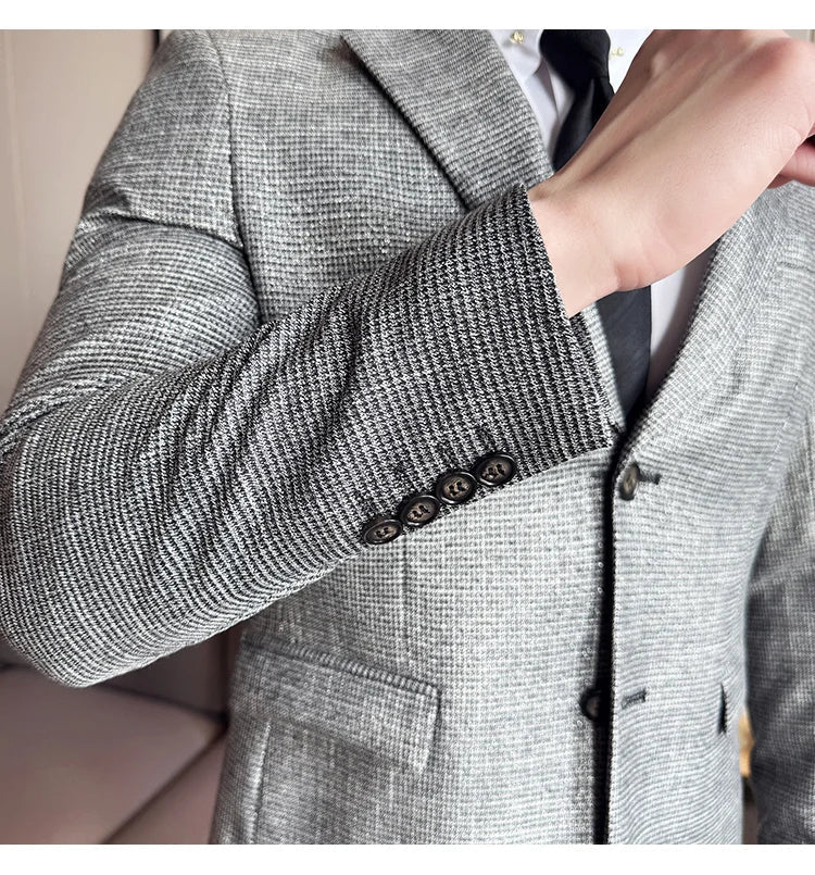 Bright Silk Thousand Bird Grid Suit Jacket Korean-style Business Fashion Slim Fit Single Breasted Men Social Party Dress Coats
