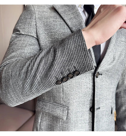 Bright Silk Thousand Bird Grid Suit Jacket Korean-style Business Fashion Slim Fit Single Breasted Men Social Party Dress Coats