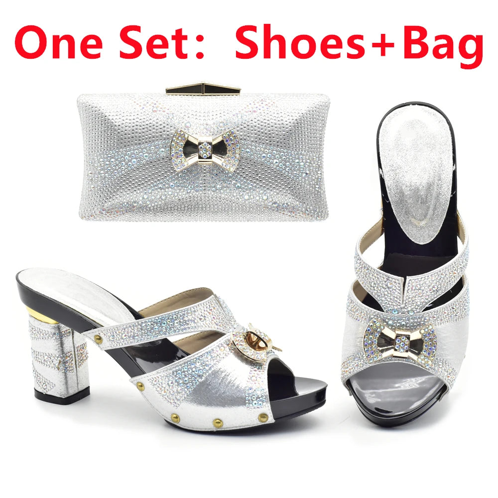 Latest Red Color Italian Ladies Shoes and Bag Sets Decorated with Rhinestone African Matching Shoes and Bags Italian In Women