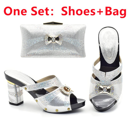 Latest Red Color Italian Ladies Shoes and Bag Sets Decorated with Rhinestone African Matching Shoes and Bags Italian In Women