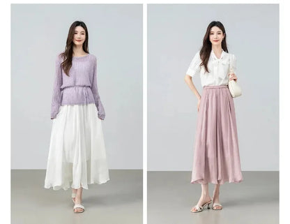 Women's Gray Elegant Skirt 2026 Summer Elastic Waist Sheen Flowy A Line Long Skirt for Woman Ladies Clothes 162QG4909