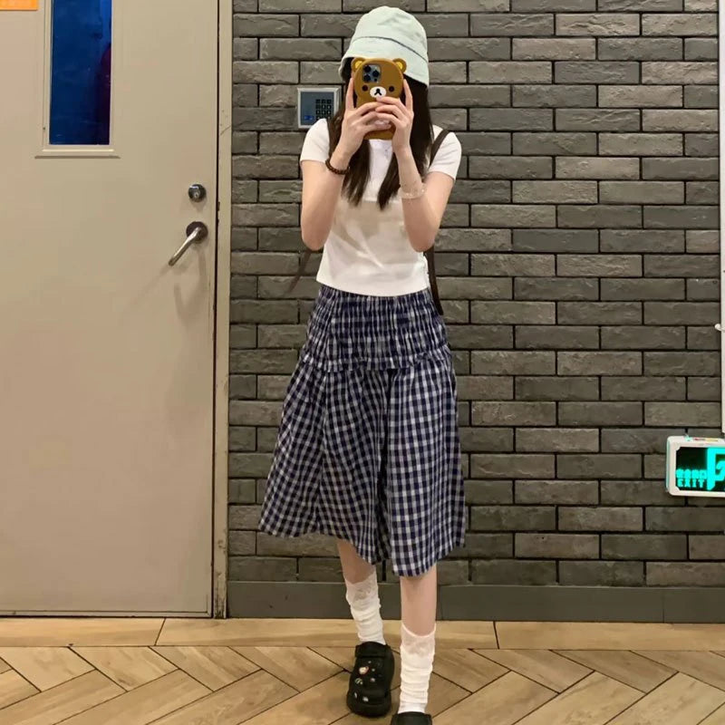 Vintage Plaid Mini Skirt Women Harajuku Aesthetic Patchwork Knee Length Skirts Summer Korean High Waist A Line Faldas New