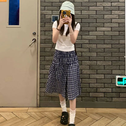 Vintage Plaid Mini Skirt Women Harajuku Aesthetic Patchwork Knee Length Skirts Summer Korean High Waist A Line Faldas New