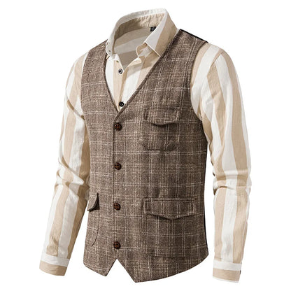 Suit Vest Men British Style Plaid Single-breasted Pocket Man Waistcoat Business Casual Slim Sleeveless Male Vest