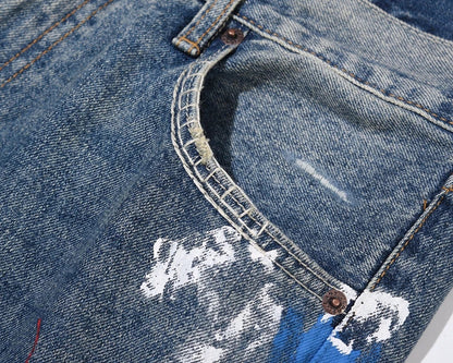 Blue Speckle Ink Washed Flared Jeans Slim Fit Hip Hop Graffiti Ripped Denim Pant Men Streetwear Vintage Wide Leg Jean Pants Y2k