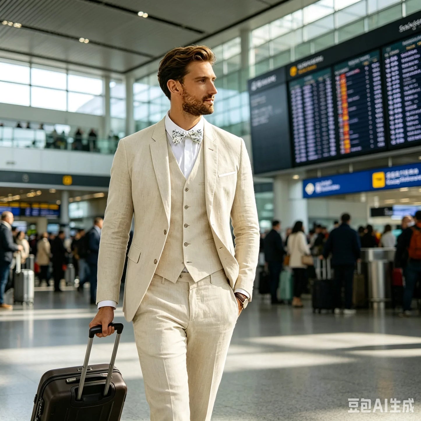3 Piece Blue/Beige Linen Men's Slim Fit Suits Notch Lapel Blazer Summer Wedding Groom Tuxedos for Prom Party (Jacket+Vest+Pant)