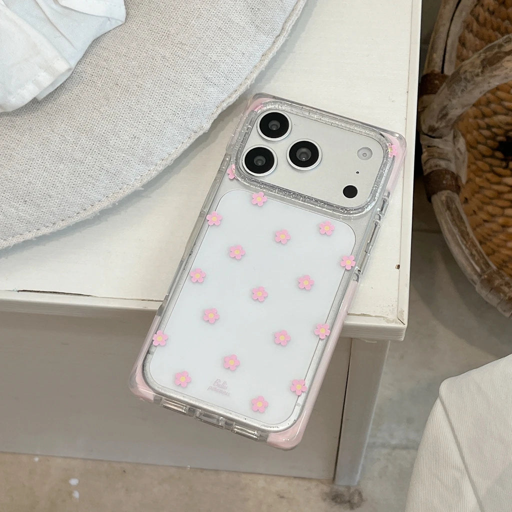 Vibrant All-over Little Flower Clear With Rhinestone Pendant Lanyard Rectangle Phone Cover Case for iPhone 17 16 15 Pro Max