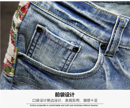 New Summer Fashion Trend Ripped Straight Tube Printed Denim Shorts Men's Casual Loose Comfortable Sports High Quality Pants