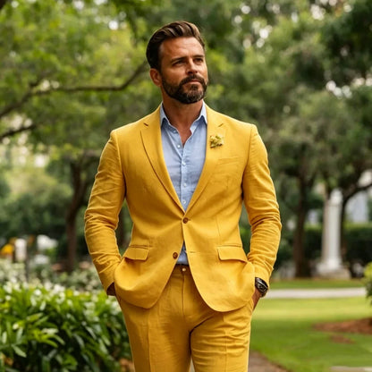 Beige Linen Men Suits 2 Pieces Summer Wedding Suits Slim Fit Casual Formal Blazer Pants Set For Groom Prom Party suit for men