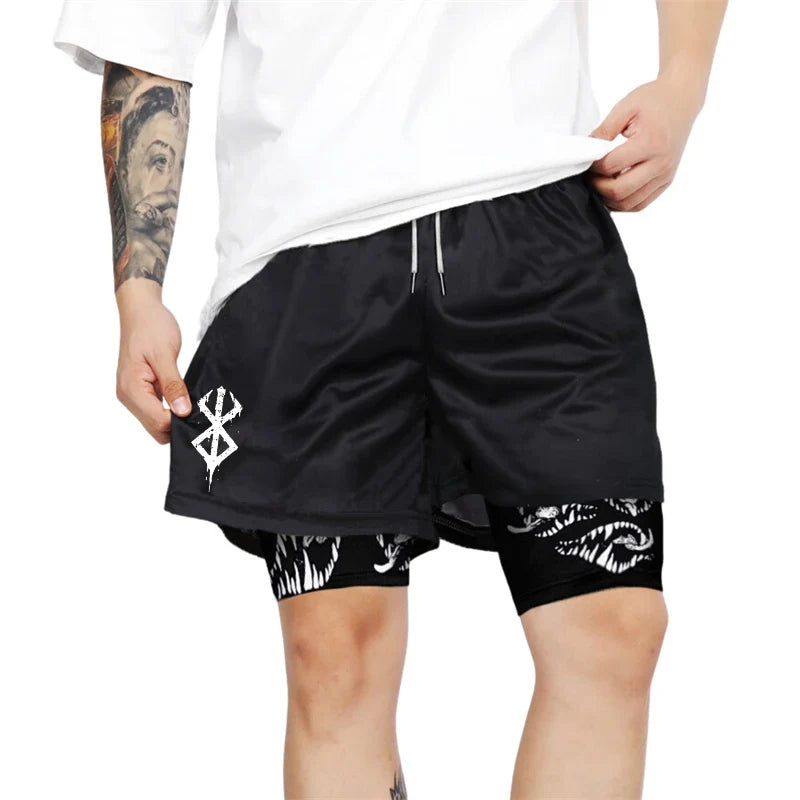 Print 2 in 1 Running Shorts for Men Gym Workout Fitness Athletic Shorts with Pockets Summer Activewear Quick Dry Stretch