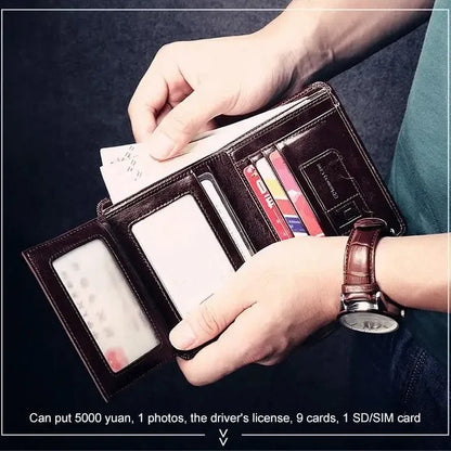 Luxury Men Wallet Slim Genuine Cow Leather Male RFID Trifold Short Purse For Men with ID Window and Credit Card Holder