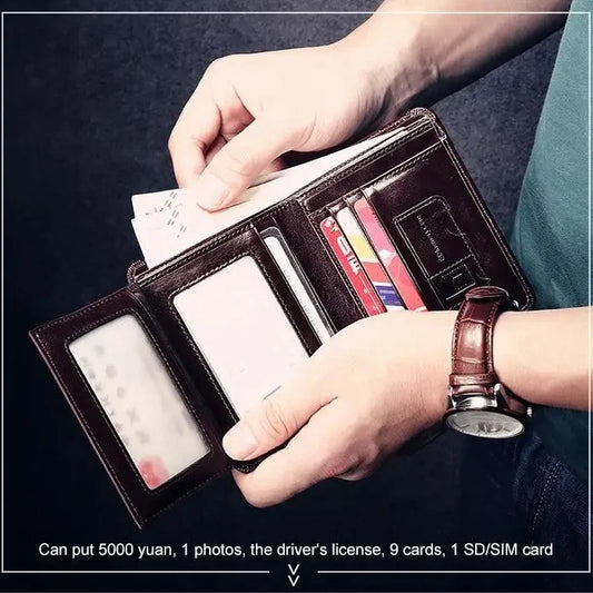Portefeuille de luxe pour homme en cuir de vache véritable, fin, pliable, court, avec fenêtre d'identité et porte-cartes de crédit