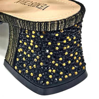2025 Luxurious Italian Women's Party Shoe and Bag Set – Elegant Black Rhinestone Peep-Toe High Heels Sandals for Weddings